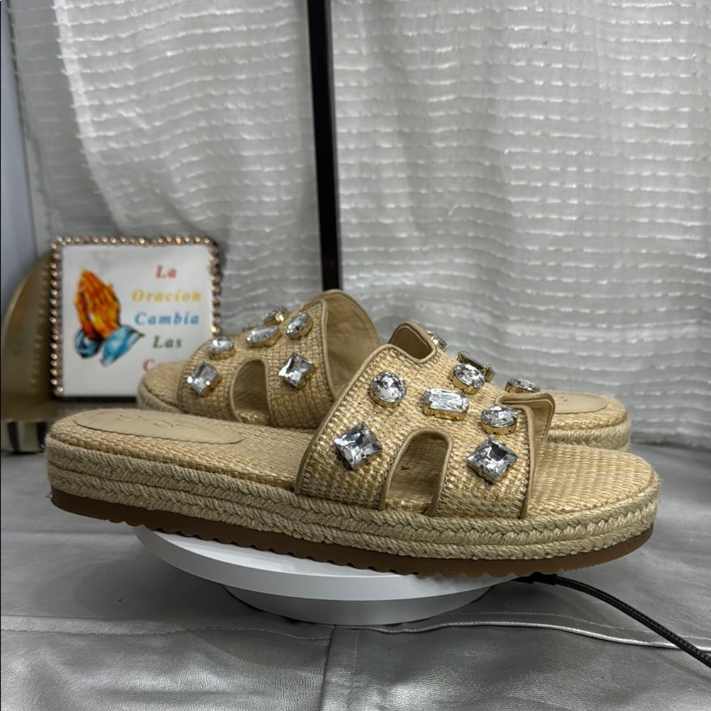 (M5) Jessica Simpson JP-Danalea,raffia and jute sandals with stone studs.Sz 8.5M